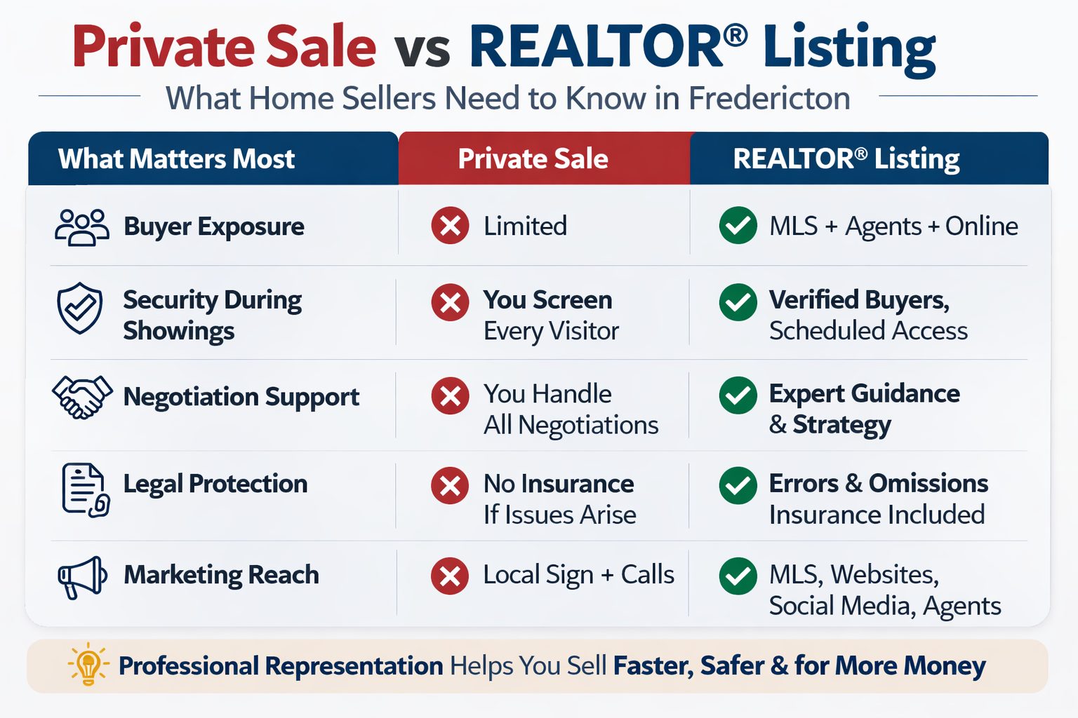 Private sale vs REALTOR® listing comparison chart showing differences in buyer exposure, security during showings, negotiation support, legal protection, and marketing reach in Fredericton real estate.