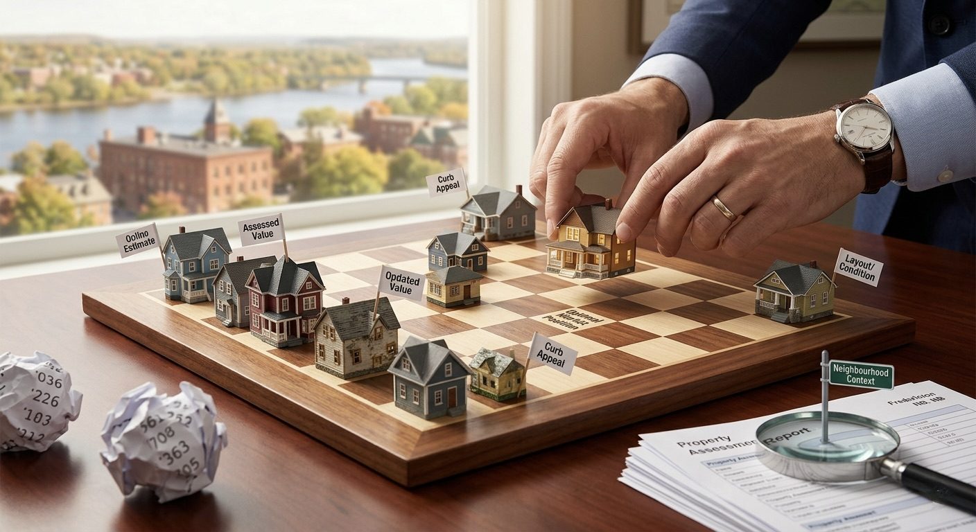Miniature homes on a chessboard representing home pricing strategy in Fredericton, New Brunswick
