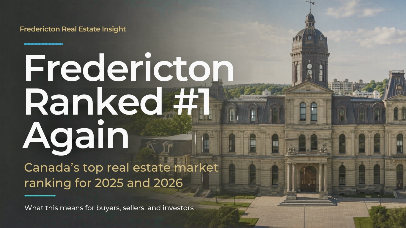 Graphic showing the New Brunswick Legislature in Fredericton with text about Fredericton being ranked Canada’s #1 real estate market for 2025 and 2026.