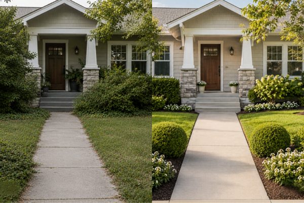 Before-and-after image of a home’s front entry showing overgrown shrubs and a tired lawn on one side, and a cleaned-up walkway, trimmed landscaping, and improved curb appeal on the other.