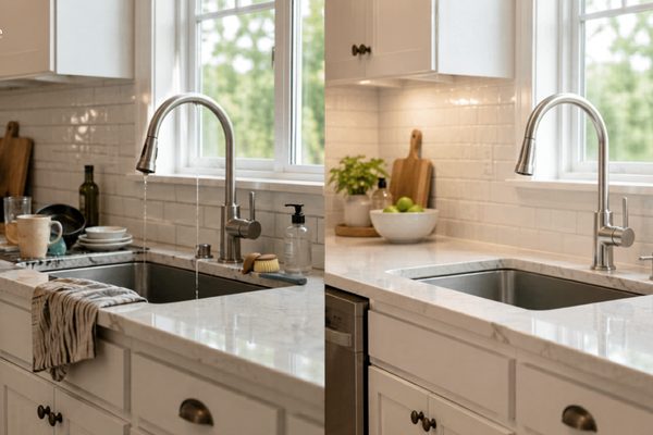 Before and after kitchen image showing how cleaning, fixing a leaking faucet, and clearing the counter can make a kitchen feel brighter and better cared for.