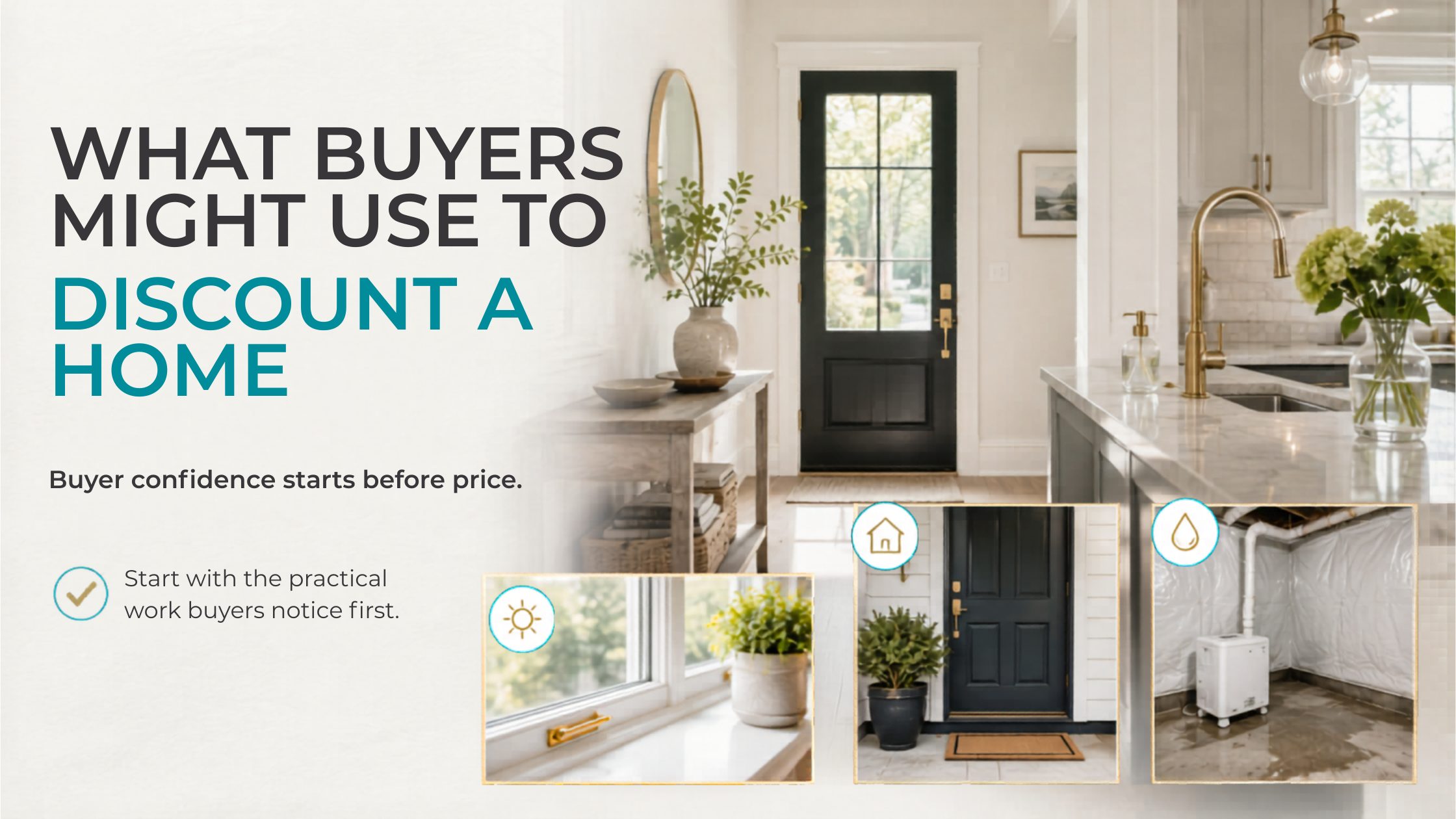Hero graphic for a home-selling article about buyer confidence, showing a bright entryway, kitchen, and small property details buyers may notice. What buyers may discount before making an offer